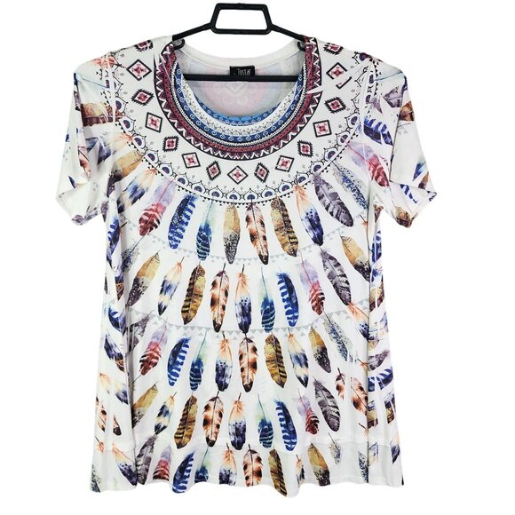 Women's Jostar Feather Print Short Sleeve Top Shirt Short Sleeve Round Neck XL - Picture 1 of 11